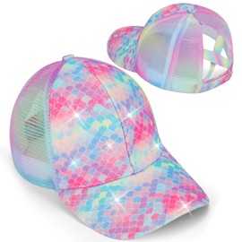 Girls Glitter Baseball Cap Criss Cross Hat, Girl Ponytail Hat - Kids Baseball Cap with High Bun Messy Ponytail (Ages 5-15)