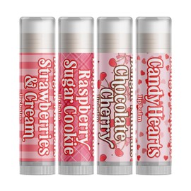 Delight Naturals Valentines Lip Balm Gift Set - Strawberries & Cream, Raspberry Sugar Cookie, Chocolate Cherry, Candy Hearts