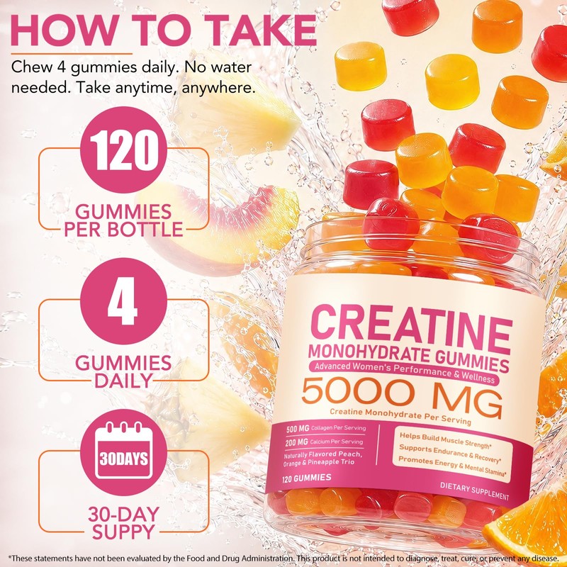 Creatine Monohydrate Gummies 5000MG with L-Taurine, BCAA, B12/6, 120 Count
