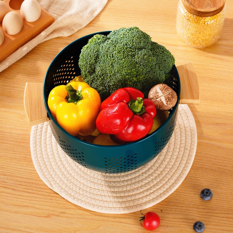 Metal Colander with Wood Handle, Powder Coated Steel Large Kitchen