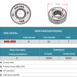 XiKe 8 Pcs 608-2RS Skateboard Bearings 8x22x7mm High Speed Smooth and Durable, Replace for Inline Skates Longboards Rollerblades Etc. (White)