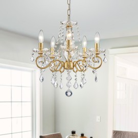 Wieliou Mini Crystal Chandelier, Golden Crystal Lighting,5-Light Modern Chandelier for Living Room Kitchen Island Entryway Bedroom