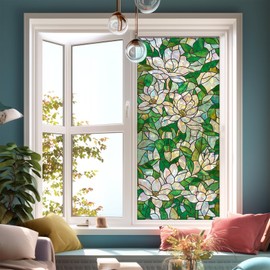 HOMETITUTE White Lotus Green Leaf Stained Glass Window Film Floral Window Privacy Film Glass Decorative Static Clings Rainbow Window Tint for Home Room Bathroom Car Door Decor Films 17.7x39.3 inch