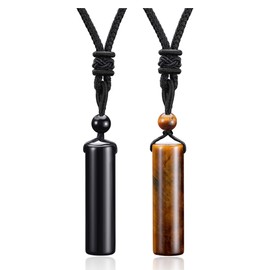 Top Plaza 2 Pcs Black Obsidian Tiger Eye Healing Crystal Stone Necklaces for Men Amulet Protection Cylindrical Pendant Necklaces Adjustable Braided Natural Quartz Gemstone Necklace Jewelry