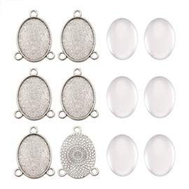 FASHEWELRY 6 Sets Tibetan Style Alloy Oval Bezel Pendant Trays with Glass Cabochons 3 Loops Base Connector Settings for DIY Jewelry Making