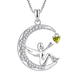 FJ Guardian Angel Pendant Necklace 925 Sterling Silver Moon Necklace August Birthstone Peridot Necklace Jewellery Gifts for Women Girls