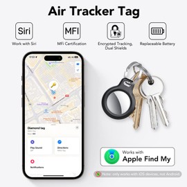 QCOQ Air Tracker Tags-4 Pack Black | Bluetooth Tracker Work with Apple Find My (iOS Only), Smart Tag with Protective Case/Keychain/Lanyard, Item Finder for Luggage/Key/Suitcase, Replaceable Battery