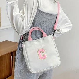 Crossbody Bag for Girls Initial Canvas Travel Messenger Bag Letter Birthday Present Teen Girls Holiday Present (Pink C)