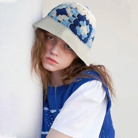 YAMEIZE Crochet Knitted Bucket Hat for - Women Men Handmade Crochet Hat Stylish Floral Knitted Beanies Bucket Hat Sun Travel Colorful Beach Outdoor