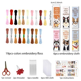 FREEBLOSS Set of 6 with Cross Stitch Bookmark Sets with Puppy Stamp, Cross Stitch Set, Stick Bookmark Set for Adults and Beginners with Felt Embroidery Thread on the Back for Book Lovers, 8 x 2.4
