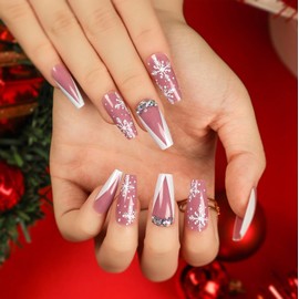 Christmas Press on Nails Coffin Medium Fake Nails White French Tip False Nails With Rhinestones Snowflake Designs Acrylic Stick on Nails Full Cover Artificial Nails for Women Winter Xmas 24Pcs