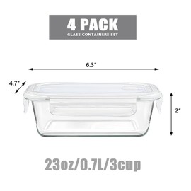 SCWBOEII 4Pack 24oz/0.7L/3cup Glass Food Storage Containers with Lids Leak-proof, Glass Meal Prep Bowls Freezer to Microwave Safe (Clear)