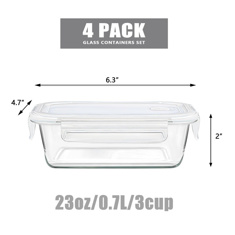 SCWBOEII 4Pack 24oz/0.7L/3cup Glass Food Storage Containers with Lids Leak-proof,