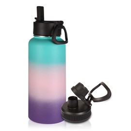 Volhoply 1 Litre Water Bottle with Straw Lid & Spout Lid,Insulated Sports Water Bottle,Double Wall Vacuum Stainless Steel Thermos,Leak Proof Wide Mouth Metal Flask,Keeps Cold or Hot(Gradient Color,1)