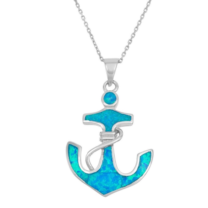 Sterling Silver Created Blue Opal Anchor Pendant with 18" Chain