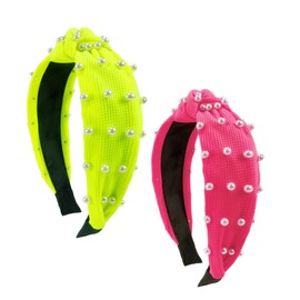 2pcs Neon Pearl Knotted Headbands,Neon Pink & Yellow Hair Hoop for Women,80s 90s Retro Hair Accessories,Wide Top Knot Hairband, Embellished Head band,Neon Accessories for Holiday Party Favor Gifts