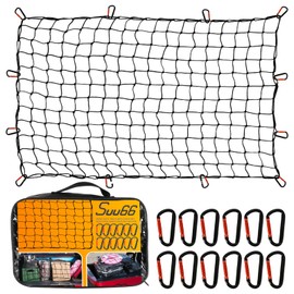 Suu66 Heavy Duty Cargo Net for Pickup Truck Bed - 5' x 7' Stretches to 15' x 21' - Sturdy Latex Bungee Net Mesh - with 12 Metal Carabiners - Truck Bed Accessories for Dodge RAM, Ford, Chevy, Toyota