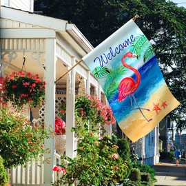 Morigins Flamingo Beach Summer House Flag Double Sided Welcome Tropical Palm Trees Outdoor Yard Flag 28 x 40 Inch