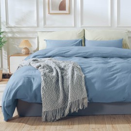 NEXHOME PRO Duvet Cover Set 100% Washed Cotton Full Size Linen Feel Textured Organic Natural 3 Pieces Bedding Set Royal Navy Klein Blue with Zipper Closure and Corner Ties, Breathable