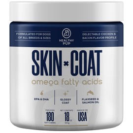 Dog Fish Oil Supplements - 180 Delicious Chew Treats - Omega 3 Rich Salmon Oil, EPA, DHA, Biotin, and Vitamin E for Healthier, Shinier, Skin, Coat and Fur, Helps Skin Allergies