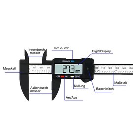 jj-shop24 Digital Caliper, Calliper Gauge, 0-150 mm, Digital LCD Display, Carbon Fibre Plastic, Caliper Gauge for Outdoors, Depth and Step Measurement