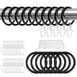 Pack of 30 Curtain Rings, Metal Curtain Rings with 50 Plastic Hooks, Curtain Rings for Curtain Hooks, Shower Curtain, 30 mm Inner Diameter (Black)