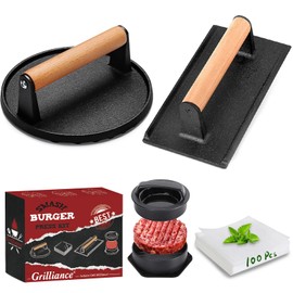 Grilliance 5pcs Smash Burger Press Kit, 3 in 1 Hamburger Press Patty Maker, Cast Iron Burger Press Round & Rectangle, 100pcs Wax Paper for Grill, Griddle, Flat top, Kitchen, Cooking