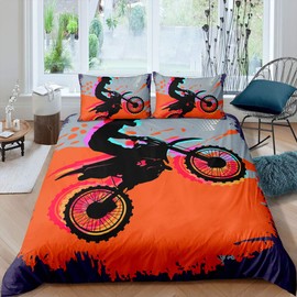 Loussiesd 3D Cool Motorbike Comforter Cover Set Single for Boys Men Speed Motocross Duvet Cover Riding Theme Bedding Set Orange Bedspread Cover with 1 Pillow Shams Microfiber Bed Cover Zipper