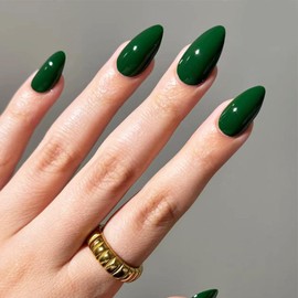 24PCS Christmas Press on Nails Dark Green Short Almond - ZWENJIE Winter Cute Solid Color Glossy Fake Nails Press ons Nail Art Tip Full Cover Acrylic False Nails with Design Glue on Nail for Woman Girl