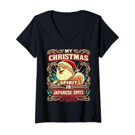 Womens Japanese Spitz My Christmas Spirit Dog Santa Claus Elf X-Mas V-Neck T-Shirt