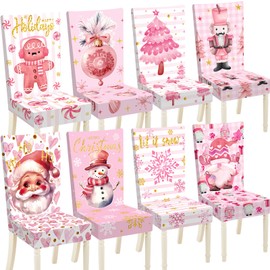 FuWeave 8 Pcs Christmas Chair Covers Santa Claus Xmas Stretch Chair Back Slipcovers Snowflake Snowman Gnome Tree Seat Cover Spandex Removable Washable Chair Protector for Dining Room Home (Romantic)