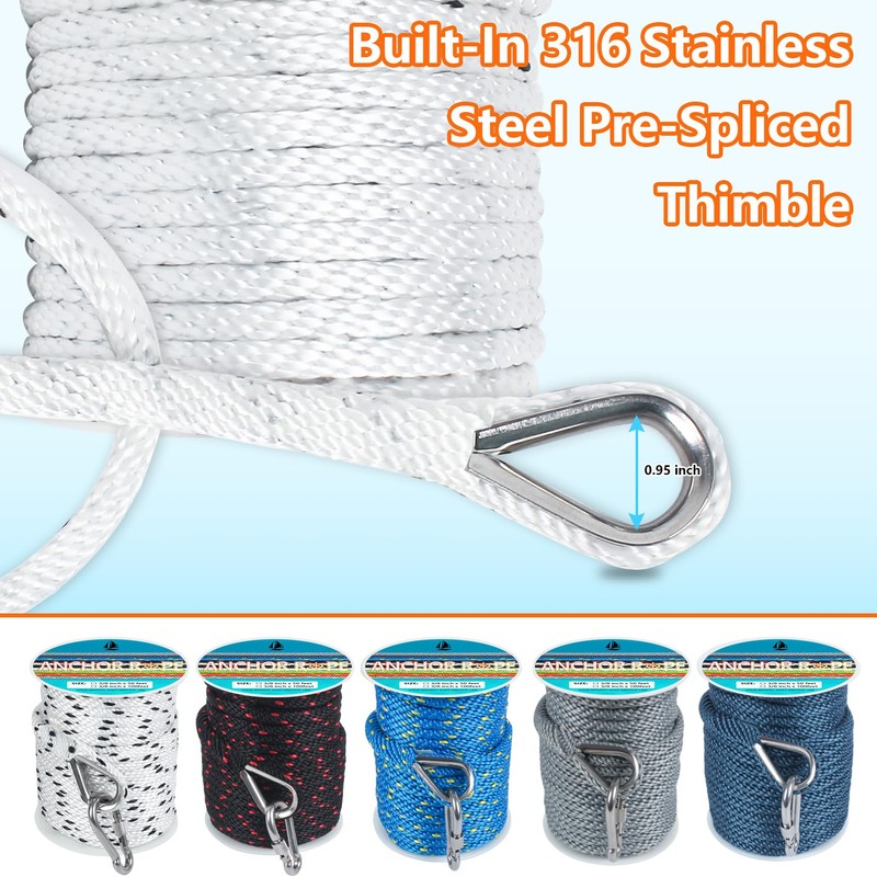 Anchor Rope 50 Ft, Premium Solid Braid MFP Anchor Line