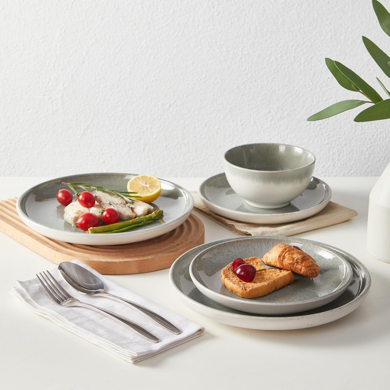 Pokini Gradient Green Stoneware Dinnerware Sets, 12 pcs Reactive Glaze