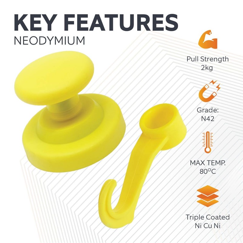 FIRST4MAGNETS Yellow Rubber Coated Neodymium Magnet with Swivel Hook for