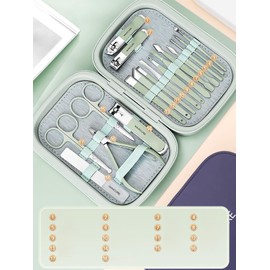 Professional Nail Set Pedicure Kit and Grooming Kit, Portable Travel Case for Men Women Gift Stainless Steel Nail Care Tool (Set of 18 Green)