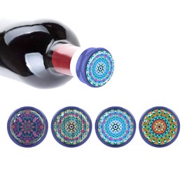 WIRESTER Set of 4 Ceramic Cork Decorative Wine Bottle Stoppers For Bar, Holiday, Party, Wedding - Bohemian Mandala (Colorful, Sunshine, Blue, Wood Look)