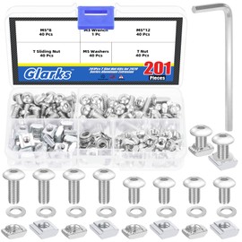 Glarks 201pcs M5 T Slot Nut and Button Head Socket Cap Screw Kit for 2020 Series Aluminum Extrusion, 40pcs 2020 Series T Nut and 40pcs T Sliding Nut, 80pcs Hexagon Socket Screw with 40pcs Flat Washers