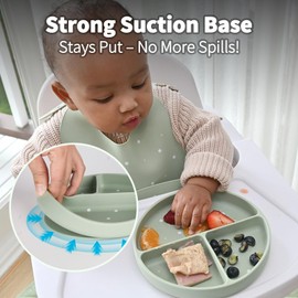 Little Rawr Baby Led Weaning Bundle, 100% Silicone Baby Feeding Set Includes Divided Plate, Suction Bowl, Straw Cup, Bib, Spoon & Fork, Develops Self Feeding Skills, Dishwasher Safe (Green)