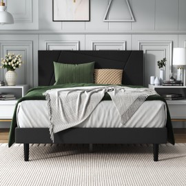 IOILORI Queen Size Bed Frame, Queen Platform Bed Frame with Velvet Upholstered Headboard, Geometric Pattern, Sturdy Frame and Slats, Noiseless, No Springs Required, Easy to Assemble，Black