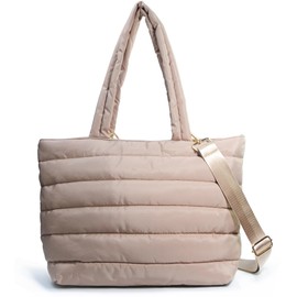 Puffer Tote for Women Quilted Shoulder Handbag Lightweight Weekender Bag Purse for Work Travel Gym Shop (Nude)