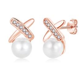 Kamise Silver Stud Earrings for Women, 925 Sterling Silver Pearl Stud Earrings, Rose Gold Small Hypoallergenic Studs Earring with Zirconia, 12mm Sleeper Cartilage Earring for Girls Kids Gift Box