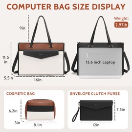 Keyli 3pc Sets Laptop Bag for Women, 15.6 Inch Lightweight Work Tote Bags Waterproof Leather Professional Computer Briefcase Shoulder Handbag Beige Crossbody Purses for Business, Office, Travel