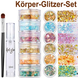 Körperglitzer Gel, Glitter Body Gel Set mit Pinsel - 6 Farben Face Glitter, Funkelndes Schimmer-Make-up für Gesicht und Körper, lang anhaltend, Party & Festival Essentials,Gold, Grün, Blau,Lila, Gelb