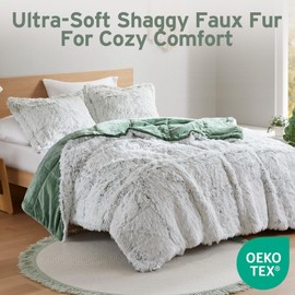 Intelligent Design King Comforter Set Fur-Like Shaggy Comforters for King Size Bed Warm, Fuzzy Bedding, All Season Luxurious Comforters King Size Bed Set, Malea, King/Cal King, Green/White 3 Piece