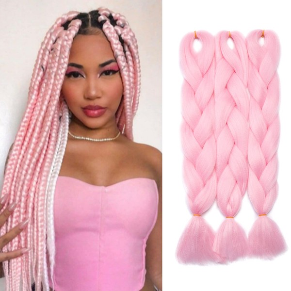 S-noilite Ombre Jumbo Braiding Hair Extension Colorful Box Twist Braid Crochet Hair ombre 3 Tone Long Jumbo Braids Jumbo Braids Crochet Hair Extensions High Temperature 24In (4 Bunldes,pink)