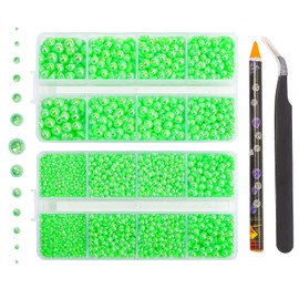 6540PCS Neon Green AB Resin Flat Back Pearls Rhinestones,Mixed Size 2/3/4/5/6/8/10mm Half Round Pearl Beads Nail Gems Rhinestone with Tweezers and Picker Pencil for Crafts Nail DIY Decoration