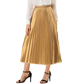 Allegra K Women's Elastic Waist Party Metallic Shiny Accordion Pleated Midi Skirt Gold M-12