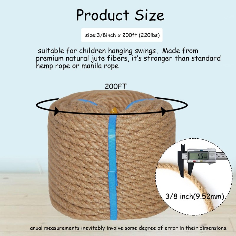 Natural Jute Rope Hemp Rope (3/8 in x 200 ft)