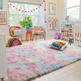 RUGTUDER 6x9 Rainbow Colorful Area Rugs for Girls Bedroom, Kawaii Princess Shaggy Rugs for Kids Playroom, Plush Soft Cute Baby Nursery Carpet, Toddler Girl Room Decor, Home Decor Aesthetic