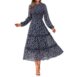 NOLLSOM Women 2025 Fall Dress Floral Casual Long Sleeve Crew Neck Ruffle A-Line Flowy Floral Boho Wedding Guest Maxi Dresses(Navy Pink Flower,XX-Large)
